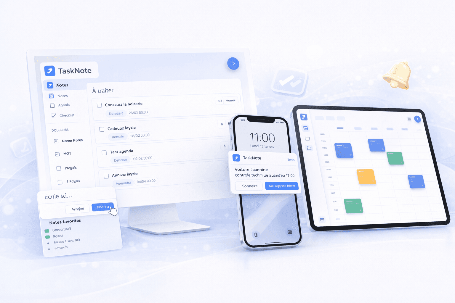 Illustration TaskNote montrant l'application sur desktop, mobile et tablette